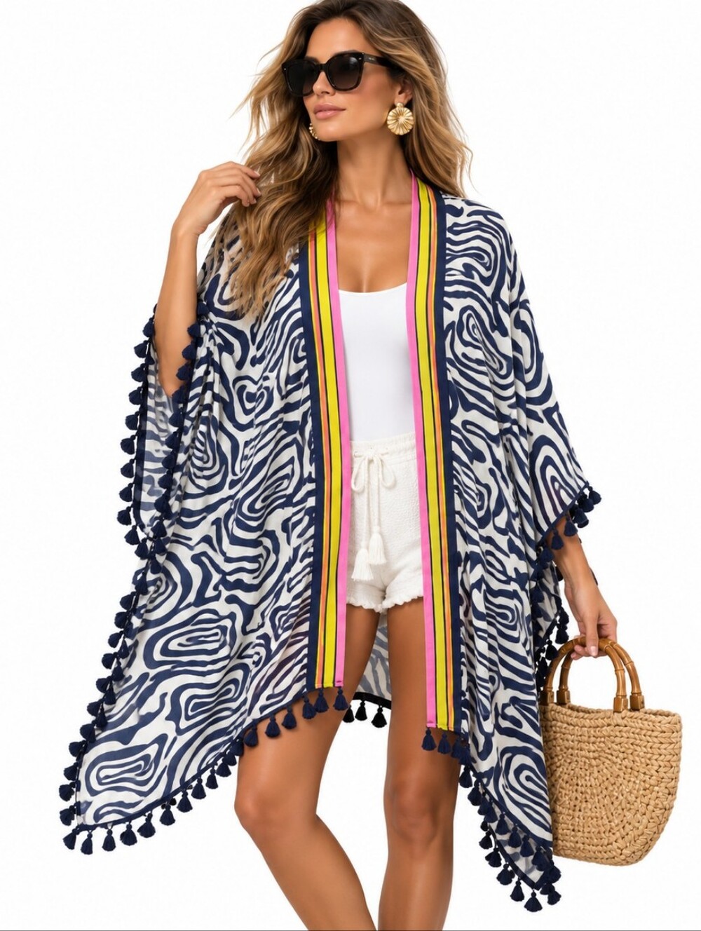 Trina Turk Kimono Wrap Poncho OS Navy White Abstract Tassel Boho Resortwear